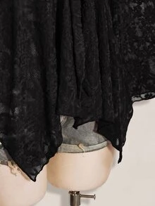 SHEIN ICON 大尺碼前綁帶V領不對稱下擺喇叭袖針織提花上衣，仙女風復古Y2K秋季上衣 - 黑色 - 查看 7