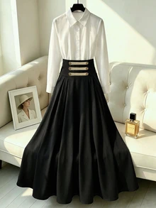 Holdful Holdful Solid Shirt & High Waist Fold Pleated Skirt - Black and White - View 3