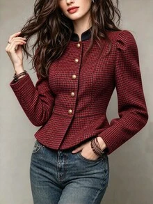 SHEIN Women Vintage Houndstooth Cropped Jacket Contrast Stand Collar Petal Sleeve Metal Button Peplum Hem Short Outerwear - Red - View 3