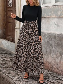 Brillora Women's Round Neck Long Sleeve Patchwork Leopard Print Ruffle Hem Elegant Dress, Winter Dress, Going Out,Black And Leopard Print Patchwork,Fall/Winter - Multicolor - View 4