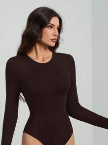 SHEIN Tall 純色長袖修身黑色連身衣，適合高個女性 - 巧克力棕 - 查看 5