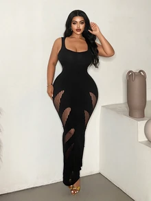 Maweii Plus Size Women's Solid Color Hollow Design Sleeveless Fitted Sexy Dress - Black - View 6