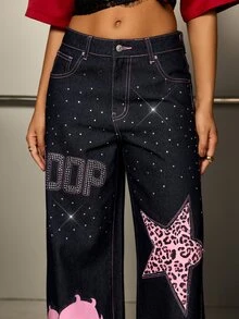 Betty Boop x SHEIN Women's Casual Daily Denim Jeans With Pocket, Button And Letter Cartoon Pattern - Navy Blue - View 7