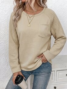 Holdful Holdful Women Ageless Solid Textured Knit Raglan Sleeve Pocket Patched Tee - Khaki - View 4