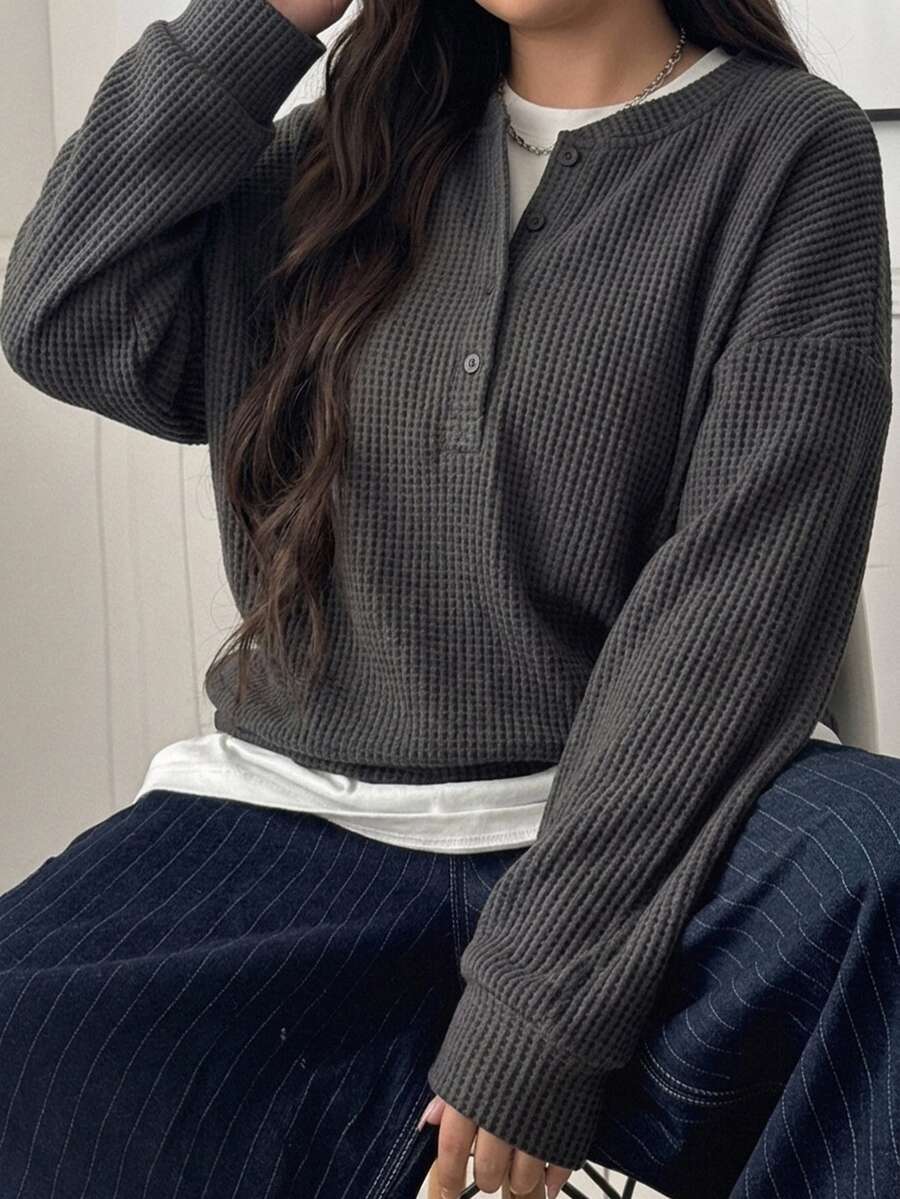 Dazy Plus Solid Color Round Neck Button Placket Drop Shoulder Long Sleeve Loose Casual Versatile Sweatshirt Autumn Winter - Dark Grey - View 1