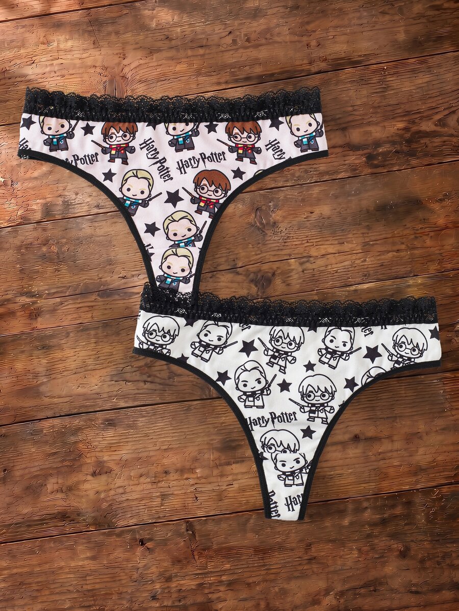 HARRY POTTER X SHEIN Women's Lace Patchwork Cartoon Print Casual Daily Thong Panties - Pink - View 1