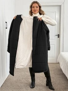 SHEIN CURVE+ Plus Size Zip-Up Hooded Padded Coat With Pockets, Long Sleeve, Winter - Black - View 3