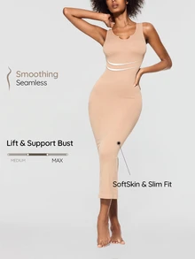 SHAPORA 1pc Women's Seamless Bodycon Waist-Cinching Tummy Control Shaping Dress, Slimming And Abdominal Control, Flat Stomach, Wearable Shapewear - Apricot - View 1