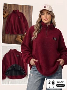 SHEIN CURVE+ 巧克力棕大尺碼女款字母印花羊羔絨衛衣，秋冬款 - 酒紅色 - 查看 1