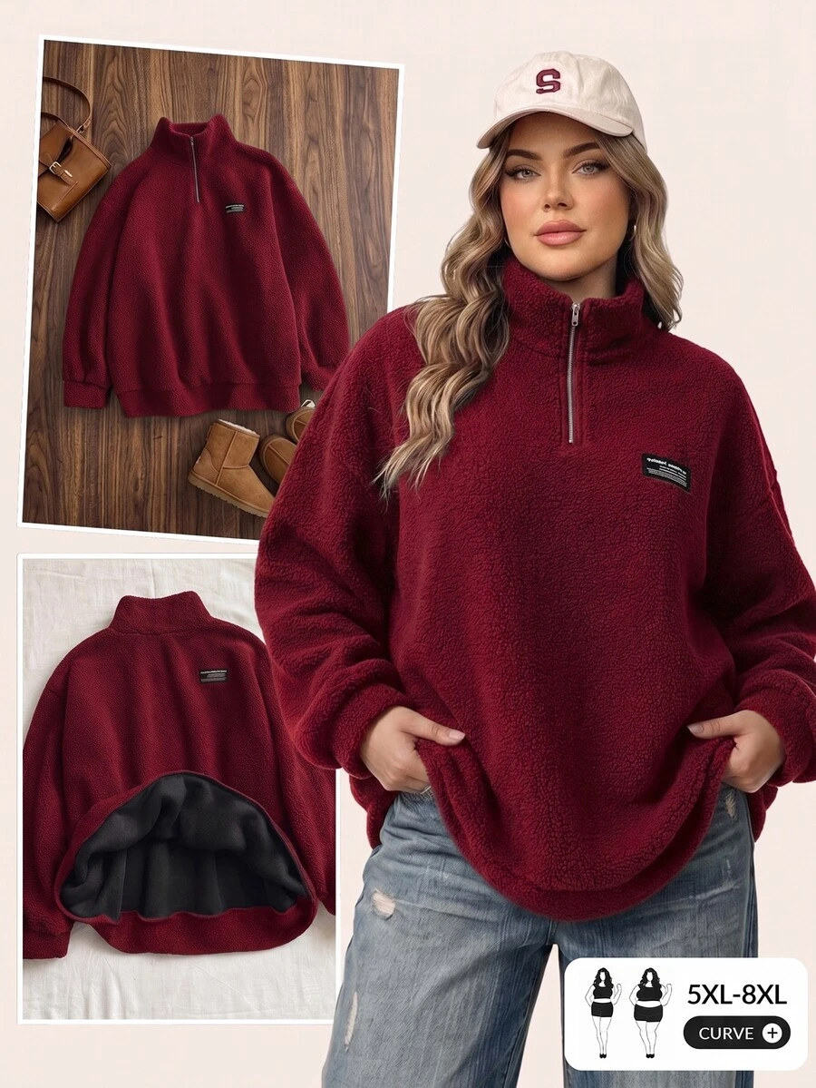 SHEIN CURVE+ 巧克力棕大尺碼女款字母印花羊羔絨衛衣，秋冬款 - 酒紅色 - 查看 1