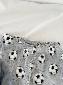 SHEIN 2pcs Tween Boy Soccer Kids Pattern Plush Fabric Loungewear Set Autumn - Grey - View 4
