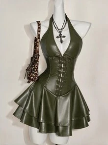 SHEIN ICON 女款 Y2K 性感時尚 Gyaru 風格演唱會穿搭 夜店派對節慶電音趴 交叉肩帶 PU 皮革露背掛脖迷你黑色洋裝 秋季 - 軍綠色 - 查看 3