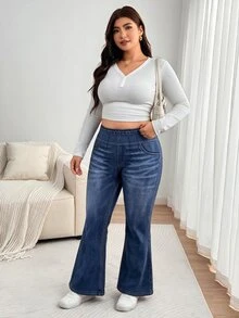 Enliva Plus-Size Printed Stretch Flared Trousers, High-Waisted Slim-Fit Casual Pants Apple,Rounded Body - Blue - View 7