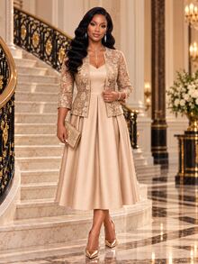 Fleurora Women's Sweet Pleated Spaghetti Strap Dress With Jacquard Cardigan 2 Pieces Set - Apricot - View 4