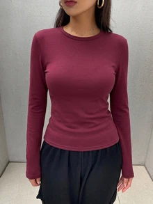 DAZY 女款純色極簡圓領長袖保暖T恤 - 酒紅色 - 查看 5