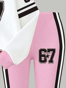 SHEIN 女童時尚紐約67徽章五角星條紋紫色拼接圖案基礎圓領運動衫與內搭褲2件套 秋季 - 彩色 - 查看 5