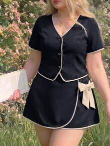 SHEIN MOD 大尺碼女款對比色V領單排扣短袖上衣與迷你裙休閒日常兩件套 - 藏蓝色 - 查看 9