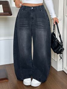 Dazy Plus American Style Loose Curved Leg Denim Jeans, Vintage Washed Wide Leg Casual Long Pants - Black - View 4