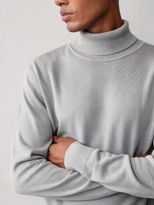 Formmaro 男士秋冬休閒基礎純色棉質高領毛衣 辦公度假正式黑色基礎上衣 - 灰色 - 查看 3