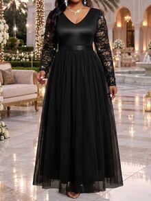 Fleurora Plus Size Women's Solid Color Patchwork Sequin Lace Long Sleeve Elegant V-Neck Dress - Multicolor - View 5