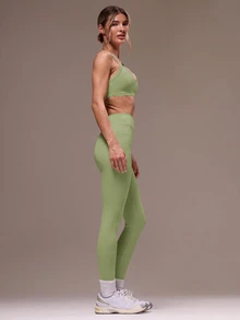 Musera Sport 女款交叉背上衣與緊身褲運動套裝 健身瑜珈皮拉提斯日常休閒 - Sage Green - 查看 4