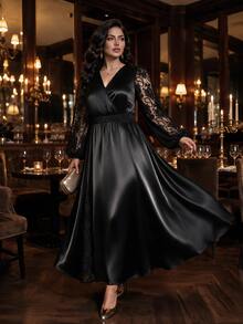 Auveirra Plus Size Women's Contrast Lace Lantern Sleeve Overlap V-Neck Elegant Dress - Black - View 9