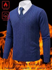 Manfinity Homme 男士麻花編織V領長袖休閒百搭毛衣，情侶穿搭，辦公通勤秋季款，最佳節日禮物 - 藍色 - 查看 3