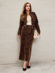 Selenza Women's Jacquard Split Hem Elegant Denim Skirt - Coffee Brown - View 7