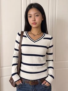SHEIN 青少年女孩極簡純色V領長袖套頭毛衣，休閒日常穿著，秋冬長袖上衣，學院風V領長袖毛衣，復古V領毛衣，返校穿搭 - 彩色 - 查看 3