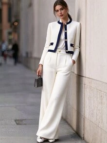 SHEIN 2026 Women's Autumn/Winter New Elegant French Tweed Round Neck Contrast Color Short Jacket With High Waist Wide Leg Pants Set, Suitable For Commuting, Banquet, Daily Wear - White - View 4