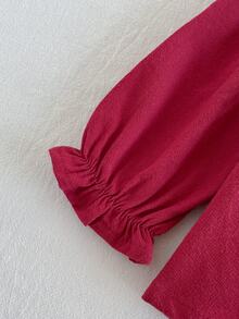 SHEIN Playful Pals 2件組女嬰復古套裝，花卉刺繡領口蝴蝶結酒紅色長袖上衣與喇叭褲套裝，日常節慶穿著，秋季 - 酒紅色 - 查看 4