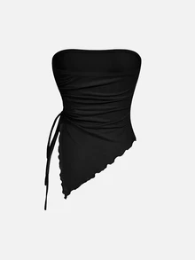SHEIN MOD 3件組女款復古不對稱下擺抹胸上衣，無肩帶上衣，無肩帶襯衫，抹胸上衣套裝，無肩帶背心，抹胸上衣 - 酒紅色 - 查看 9