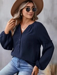 SHEIN LUNE Notched Neckline Lantern Sleeve Blouse,Casual - Navy Blue - View 8