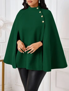 SHEIN Lady 女款休閒寬鬆披風式羊毛混紡大衣，極簡商務風秋冬女款紅色披肩優雅外套 - 墨綠色 - 查看 3