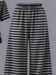 Tween Girls 2 Pcs Black & Grey Striped 2 In 1 Off-Shoulder Camisole Short Sleeve T-Shirt & Wide Leg Pants Set, Black Top - Multicolor - View 4