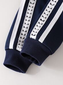 SHEIN 2件組女嬰蝴蝶結刺繡長袖上衣與長褲套裝，運動休閒服，海軍藍，秋季可愛校園風 - 寶藍色 - 查看 7