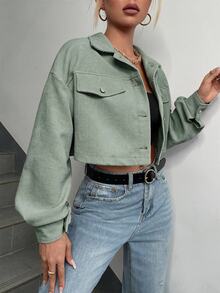 SHEIN EZwear 春秋穿搭落肩翻蓋設計短版燈芯絨夾克 秋冬款 - 薄荷綠 - 查看 6