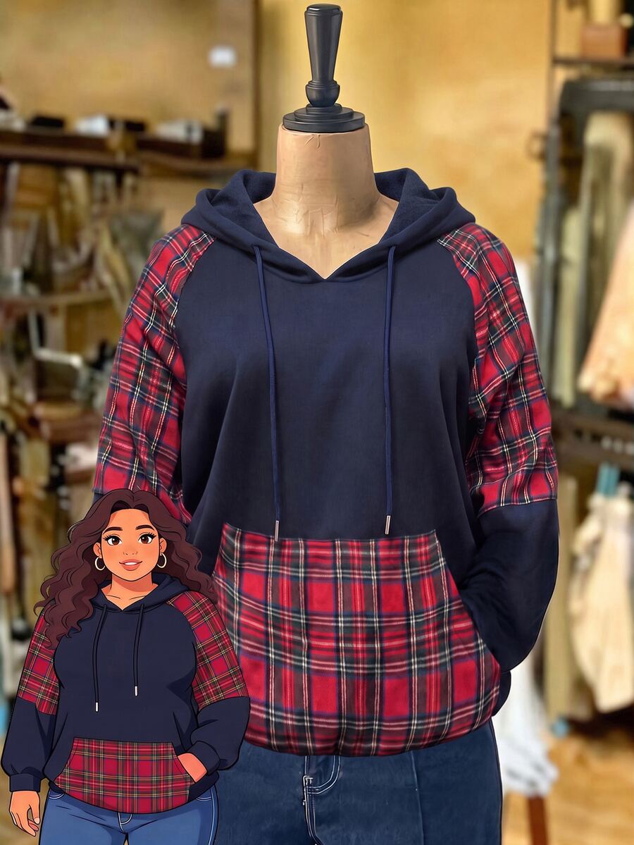 Rusticease Plus Size Colorblock Drawstring Hooded Extra Long Sleeve Sweatshirt Casual Streetwear Fall Winter 2026 Christmas - Multicolor - View 1