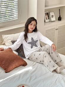Dazy Kids 對比色圓領圖案印花休閒女童居家服T恤套裝 - 白色 - 查看 3