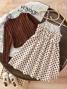 Bộ 2 món cho bé gái gồm váy hai dây hoa nhí dệt và áo cardigan len màu trơn - màu nâu - Xem 2