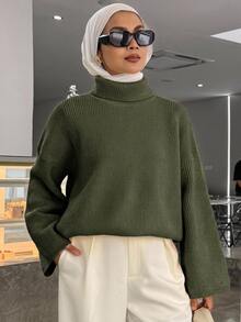 DAZY 女款純色落肩長袖寬鬆休閒毛衣，秋冬女裝高領保守時尚校園風 - 橄欖綠 - 查看 7