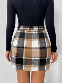 EMERY ROSE Plus Size Women's Autumn/Winter Fashion Casual Daily All-Match Versatile Khaki Large Grid Mini Skirt Fall - Multicolor - View 2
