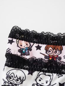 HARRY POTTER X SHEIN Women's Lace Patchwork Cartoon Print Casual Daily Thong Panties - Pink - View 3