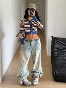 StreetHx Streetwear Women's Autumn/Winter Y2K Multi-Color Striped Cropped Slimming Versatile Long Sleeve Cardigan - Multicolor - View 4