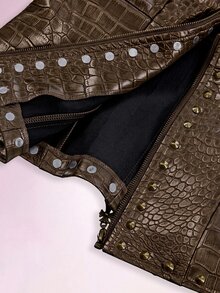 Amplova Low-Cut Riveted Crocodile Embossed PU Sleeveless Jacket Club Night Brown Autumn Sexy Rave - Brown - View 12