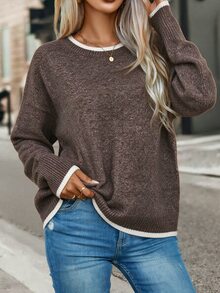 SHEIN 秋冬休閒拼色滾邊毛衣 - 咖啡棕 - 查看 5
