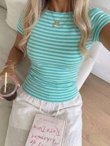 CovetEZ Two Tone Striped Print Boat Neck Tee - Multicolor - View 6