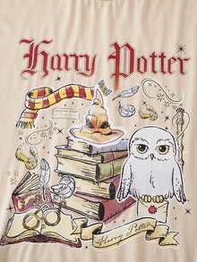 HARRY POTTER X SHEIN Plus Size Women's Letter & Cartoon Print Casual Everyday Short Sleeve T-Shirt - Apricot - View 4