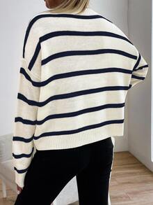 Sprig & Strand Women Striped Round Neck Dropped Shoulder Long Sleeve Casual Pullover Sweater, Autumn/Winter Knit Pullover Fall - Blue and White - View 2