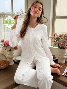 Snug Reverie 100% Cotton Jacquard Lace Trim White Long Sleeve Loungewear Set - White - View 3